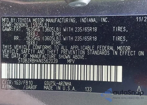 2022 Toyota Highlander Le from USA, damaged, VIN 5TDBZRBH4NS562039